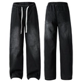 Men's loose black washed ice silk denim pants with elastic drawstring waist design - 3XL / Washed Gray