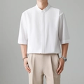 Camisa blanca de manga corta para hombre con cuello coreano y botones ocultos - 3XL / Blanco