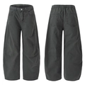 Pantalon large gris foncé avec taille élastique et finition en denim lavé tendance - S / Vert Militaire