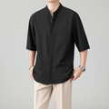 Camisa negra de manga corta para hombre con cuello mao en estilo informal de negocios - 3XL / Negro