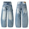 Hellblaue Vintage-Jeans mit weitem Bein, Cargo-Schlaufe und gewaschener Optik - S / Blau