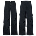 Jean cargo noir délavé vintage à taille haute avec plis latéraux et jambe large - S / Gris Foncé
