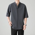 Camisa de hombre gris oscuro con cuello mandarín y manga corta en tejido de seda fría - 3XL / gris oscuro
