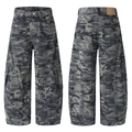 Men's loose straight-leg cargo pants featuring grey camouflage pattern and large pockets - S / Camouflage