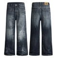 Jean évasé bleu gris délavé vintage avec finition tie-dye et patch logo en cuir - XS / Gris Bleu