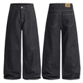 Dunkelblaue Wide-Leg-Jeans mit gelben Kontrastnähten und Lederaufnäher auf der Rückseite - S / Tiefschwarz