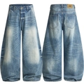 Vaqueros de pierna ancha en azul claro lavado vintage con bigotes y parche de cuero - XS / Azul claro
