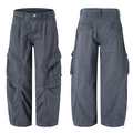Dark grey wide-leg cargo pants with distressed wash and multi-pocket utility design - S / Gray