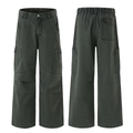 Men's retro wash grey wide-leg cargo pants with multi-pocket design and front-back views - S / Dark Green