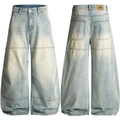 Lichtblauwe retro jeans met wijde pijpen en stikseldetails, voor- en achteraanzicht - XS / Blauw