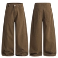 Jeans marroni da uomo a gamba larga con cuciture curve, viste anteriore e posteriore - XS / Marrone