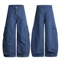 Donkerblauwe cargojeans met wijde pijpen, losse pasvorm en functionele zijzakken - XS / Blauw