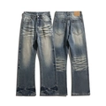 Jean évasé bleu délavé vintage avec moustaches de chat et coutures premium style cleanfit - S / Bleu