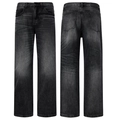 Voor- en achteraanzicht van de donkergrijs gewassen flared jeans met vintage textuur en patch - S / Zwart