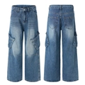 Vintage blue cargo jeans featuring a wide-leg fit and multiple utility flap pockets - S / Blue