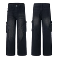 Distressed multi-pocket cargo jeans in dark grey loose straight fit for men and women - S / Black
