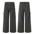 Pantaloni cargo lavati grigio-verde scuro con grandi tasche a patta e gamba dritta ampia - S / Verde Militare