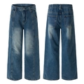 Retro gewassen blauwe denim jeans met wijde pijpen, elastische taille en rechte pasvorm - S / Blauw