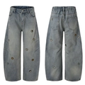 Men's retro light blue jeans with cartoon bear embroidery and loose straight fit design - S / Blue