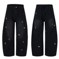 Men's retro wash loose straight leg jeans with dark gray cartoon bear embroidery - S / Black