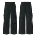 Black wide-leg cargo pants with metallic rivets and utility pockets, front and back view - S / Army Green