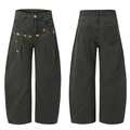Men's wide-leg dark gray denim jeans with colorful flower embroidery and baggy fit - S / Army Green