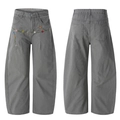 Grey wide-leg denim jeans with colorful floral embroidery in a flat-lay double-view - S / Modern Gray