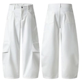 Weiße High-Waist-Cargo-Hose mit weitem Bein, gebogenen Nähten und Taschen - 3XL / Weiß