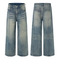 Retro-gewaschene blaue Wide-Leg-Jeans mit Vintage-Whiskering und High-Street-Schnitt - S / Blau