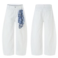 White wide-leg cotton trousers with 3D paneling and blue plaid scarf accessory - S / White