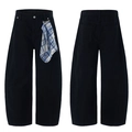 Men's high street black wide-leg jeans with unique detachable plaid scarf accessory - S / Black