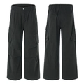 Dark gray vintage wide-leg cargo pants with multi-pockets in heavy cotton fabric - S / Army Green