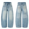 Retro light blue wide leg jeans with washed finish and circle embroidery on back pocket - S / Blue