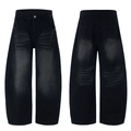 Retro loose-fit dark grey wide-leg jeans with washed cat whiskers and back embroidery - S / Black