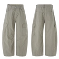 Olive green high street cargo pants with multi-pockets and curved leg design - S / Apricot Gray