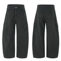 Dark grey wide-leg cargo pants featuring a multi-pocket design and street style look - S / Army Green