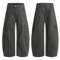 Pantalones cargo retro de pierna ancha con múltiples bolsillos en gris lavado estilo urbano - S / Verde Militar