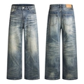 Vaqueros azules de lavado retro corte ancho y recto con efecto bigotes y desgaste - S / Azul