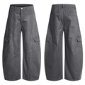 Vues avant et arrière du pantalon cargo gris foncé vintage à coupe large et poches - S / Gris