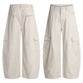 Pantalon cargo large beige clair avec plusieurs poches et taille élastique - S / Blanc Cassé