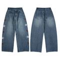Vintage blue wide leg curved jeans with brown and grey star embroidery patches - S / Vintage Blue