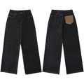Charcoal black wide leg denim jeans featuring a contrasting leather pocket and embroidery - S / Deep Black