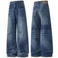 Men's retro loose straight-leg dark blue washed denim jeans with whisker fades - EU 26 / Emerald Blue