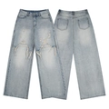 Light blue distressed wide-leg denim jeans with ripped knees and front-back view - S / Light Blue