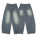 Baggy Wide-Leg-Jeans in Washed Blue mit weißer Blumenstickerei auf den Vordertaschen - S / Vintage-Blau