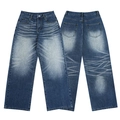 Dark blue wash wide leg straight jeans with vintage whiskers and distressed finish - S / Blue