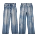 Vaqueros de mezclilla de pierna ancha recta lavado vintage azul claro con detalles de bigote - EU 28 / Azul claro