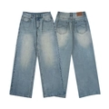 Lichtblauwe wide leg denim jeans met vintage wassing en lederen label in de taille - S / Lichtblauw