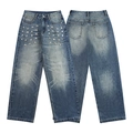 Retro washed straight leg blue denim jeans with silver rivet studs on thighs - S / Bottoms / Vintage Blue