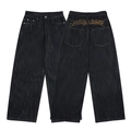 Jeans larghi vintage grigio scuro con ricamo corsivo giallo sulla vita posteriore - S / Grigio Blu